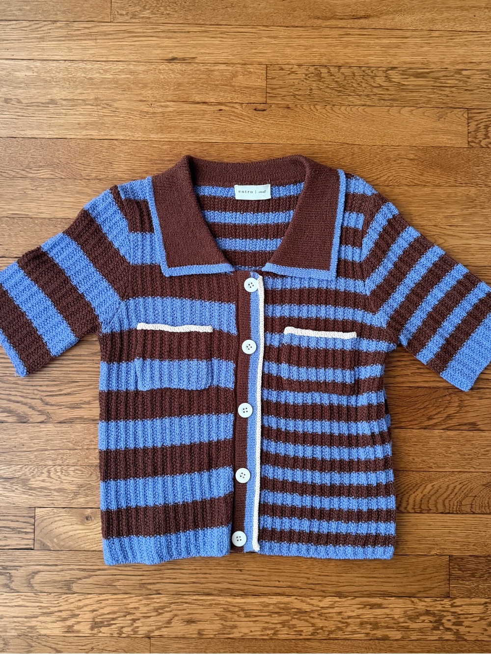 Anthropologie Blue and Brown Striped Knit Button-Up Top